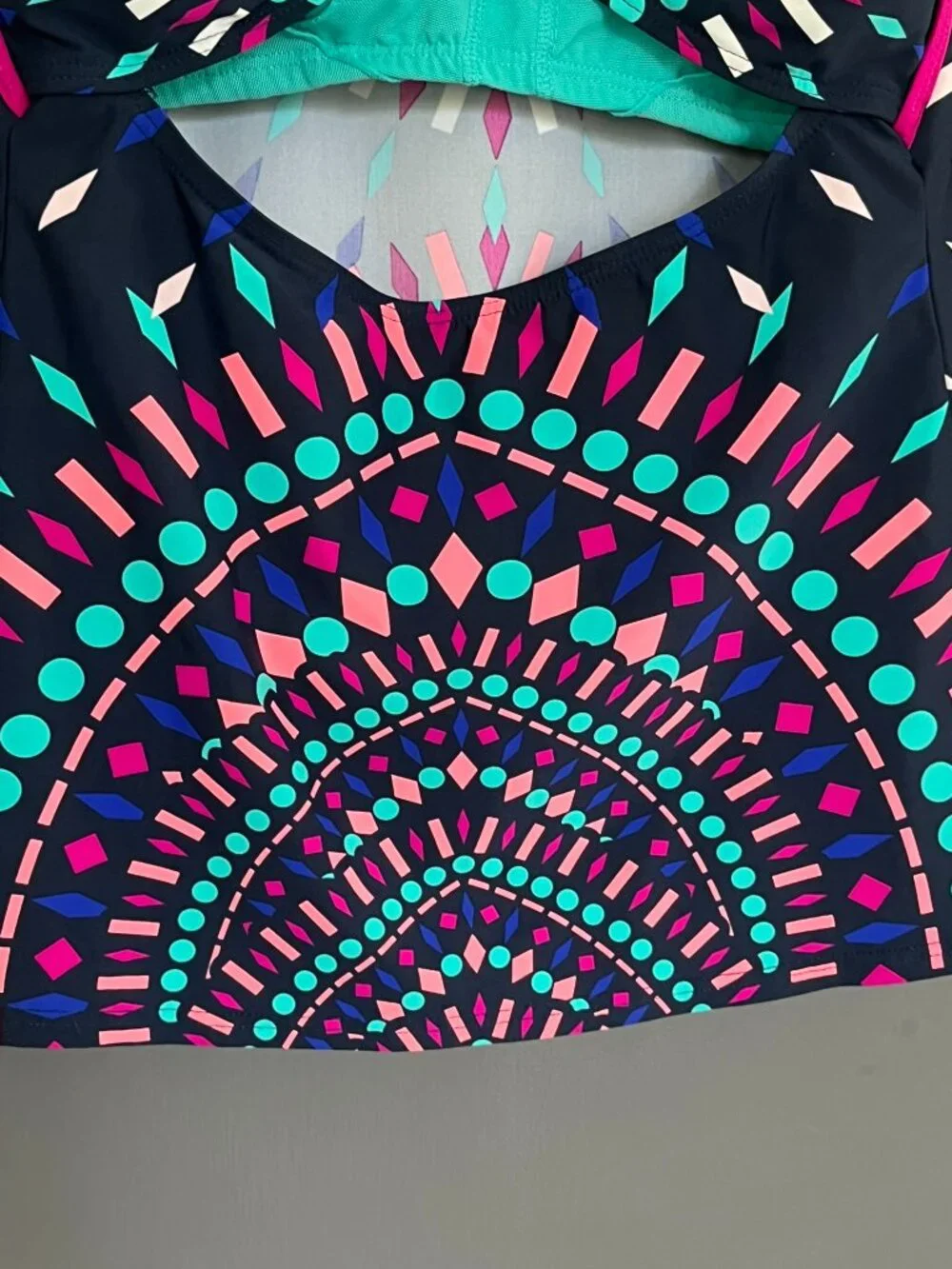 Title Nine Geometric Tankini Swim Top Size Medium M Navy Blue Pink Racerback
